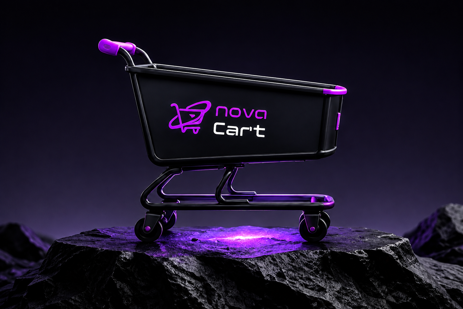 Nova Cart shopping cart with a glowing purple logo displayed on dark rocky terrain